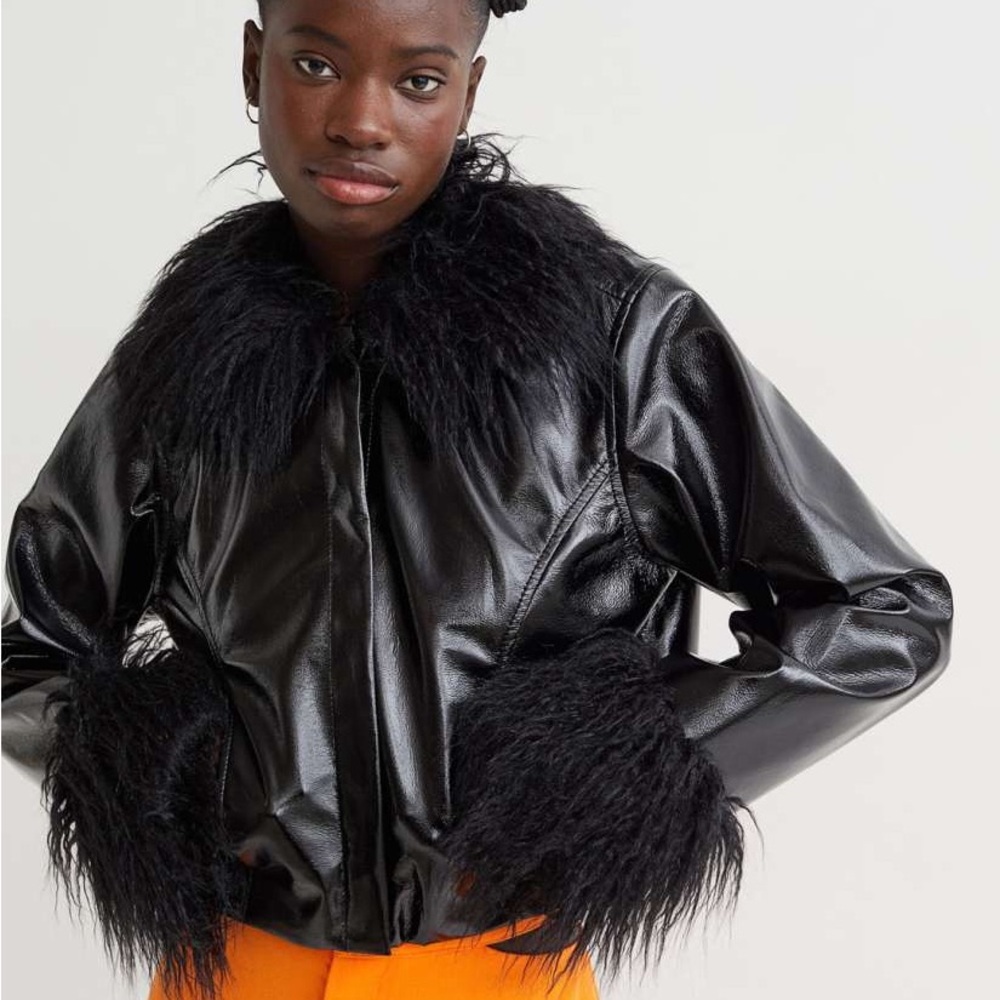 H&M Black Leather Jacket with Faux Fur Trim